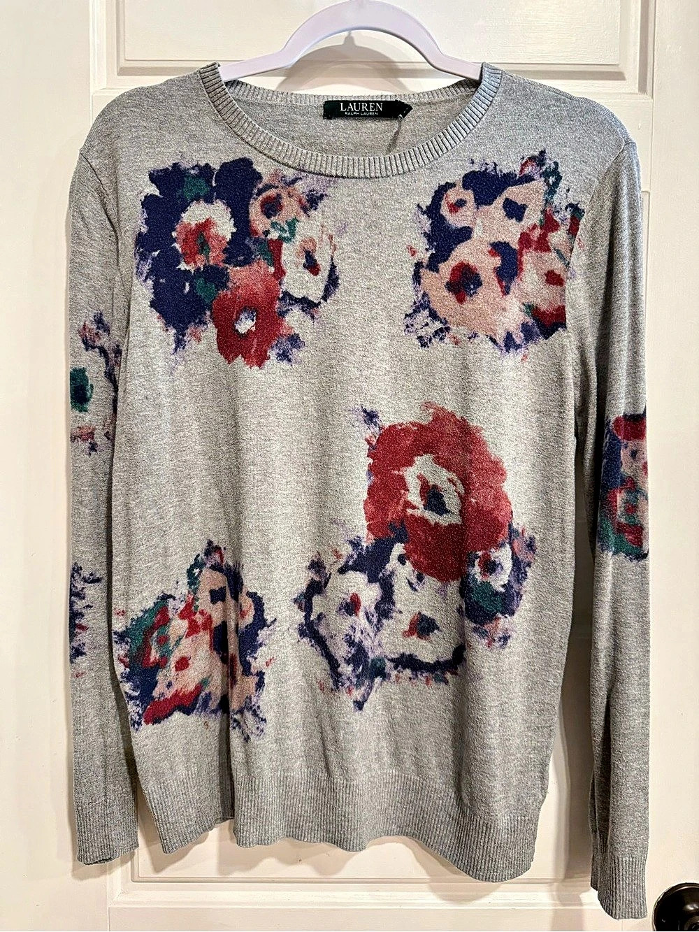 Lauren Ralph Lauren Floral Sweater Women’s Large Gray Purple Crewneck Pullover